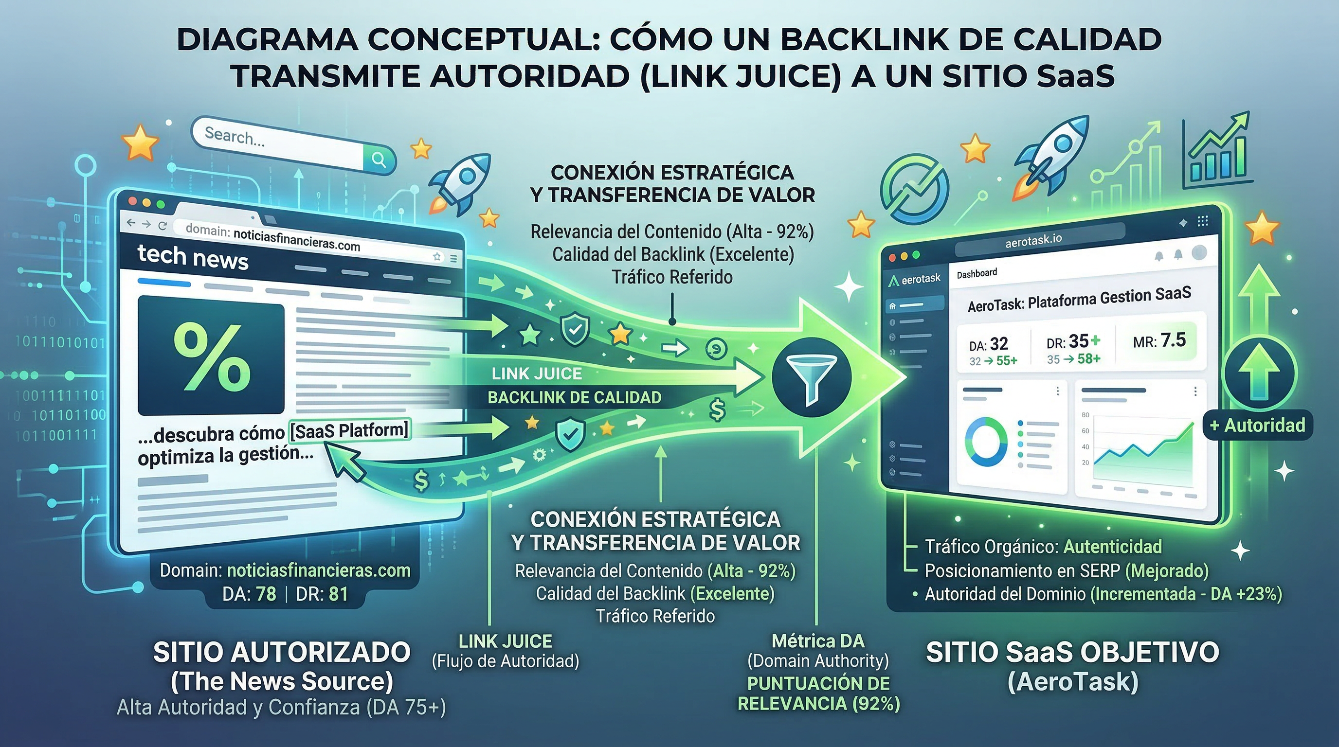 A digital illustration showing a website receiving multiple high-quality backlink arrows to improve search engine ranking.