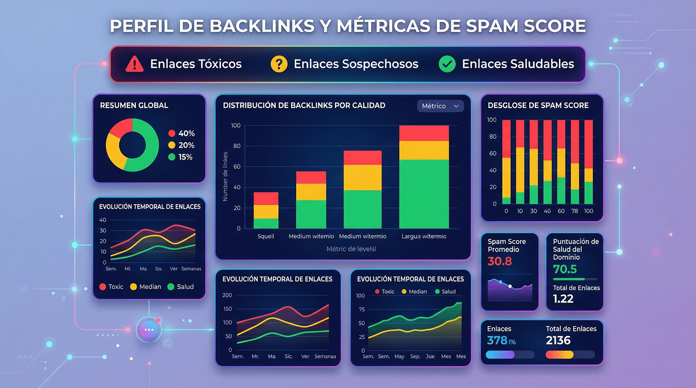 Un gráfico que muestra una red de enlaces web con nodos rojos resaltados para identificar backlinks tóxicos que afectan el SEO.