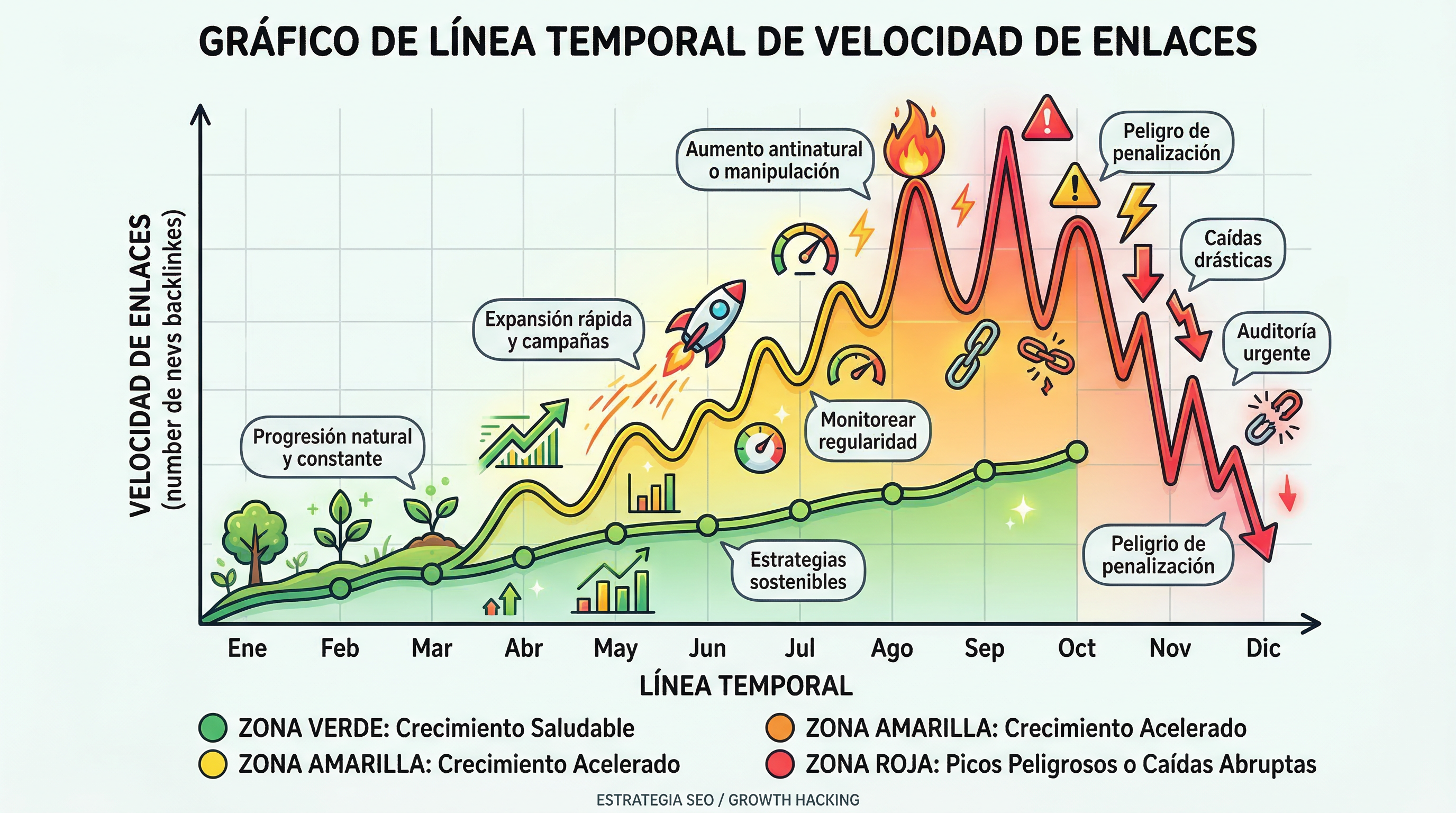 Gráfico de líneas ascendente que muestra el crecimiento constante de backlinks a lo largo del tiempo para una estrategia SEO saludable.