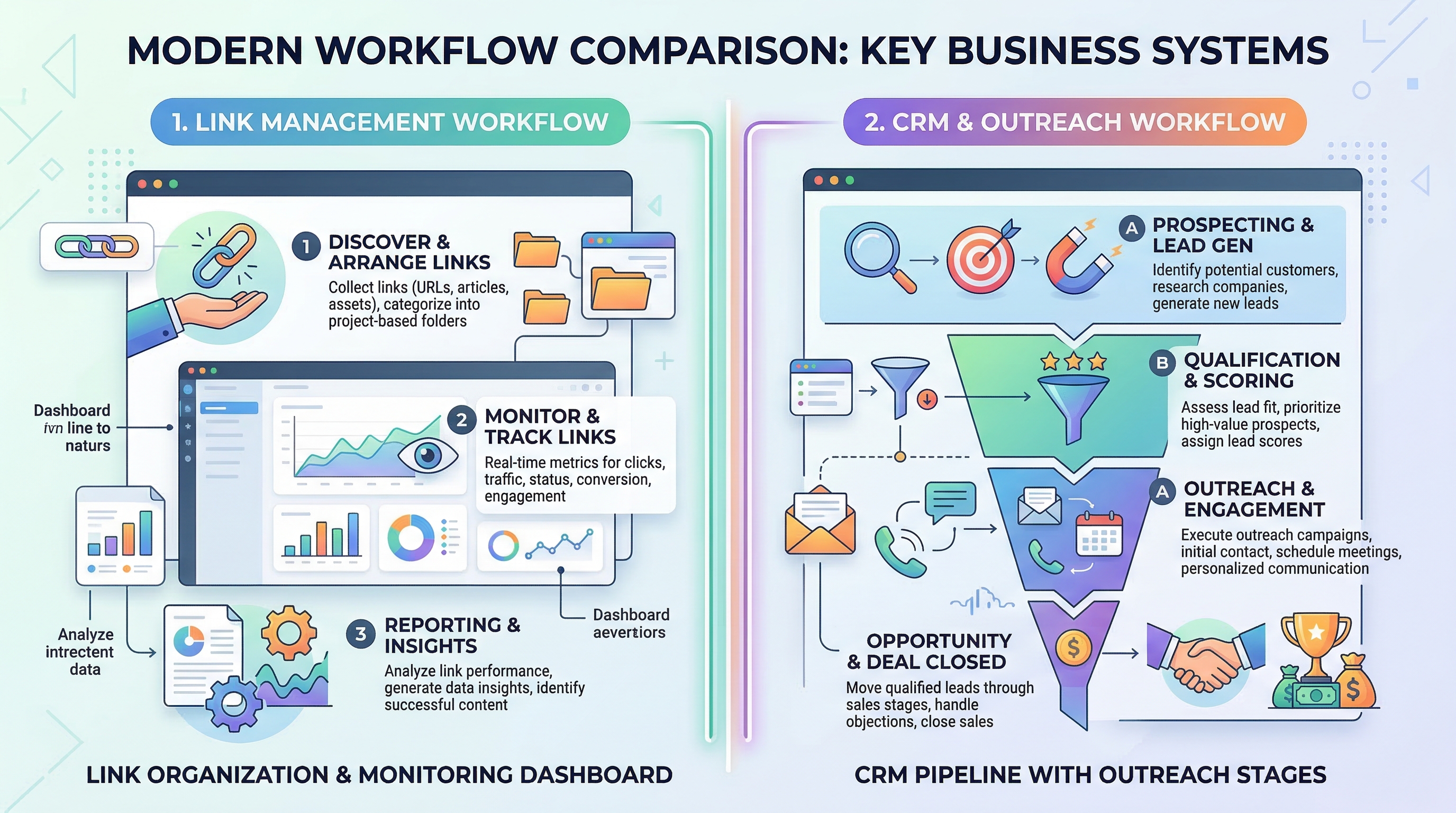 Comparison graphic showing The Link Hub and backlinkcrm.io logos side by side to illustrate different backlink management workflows.